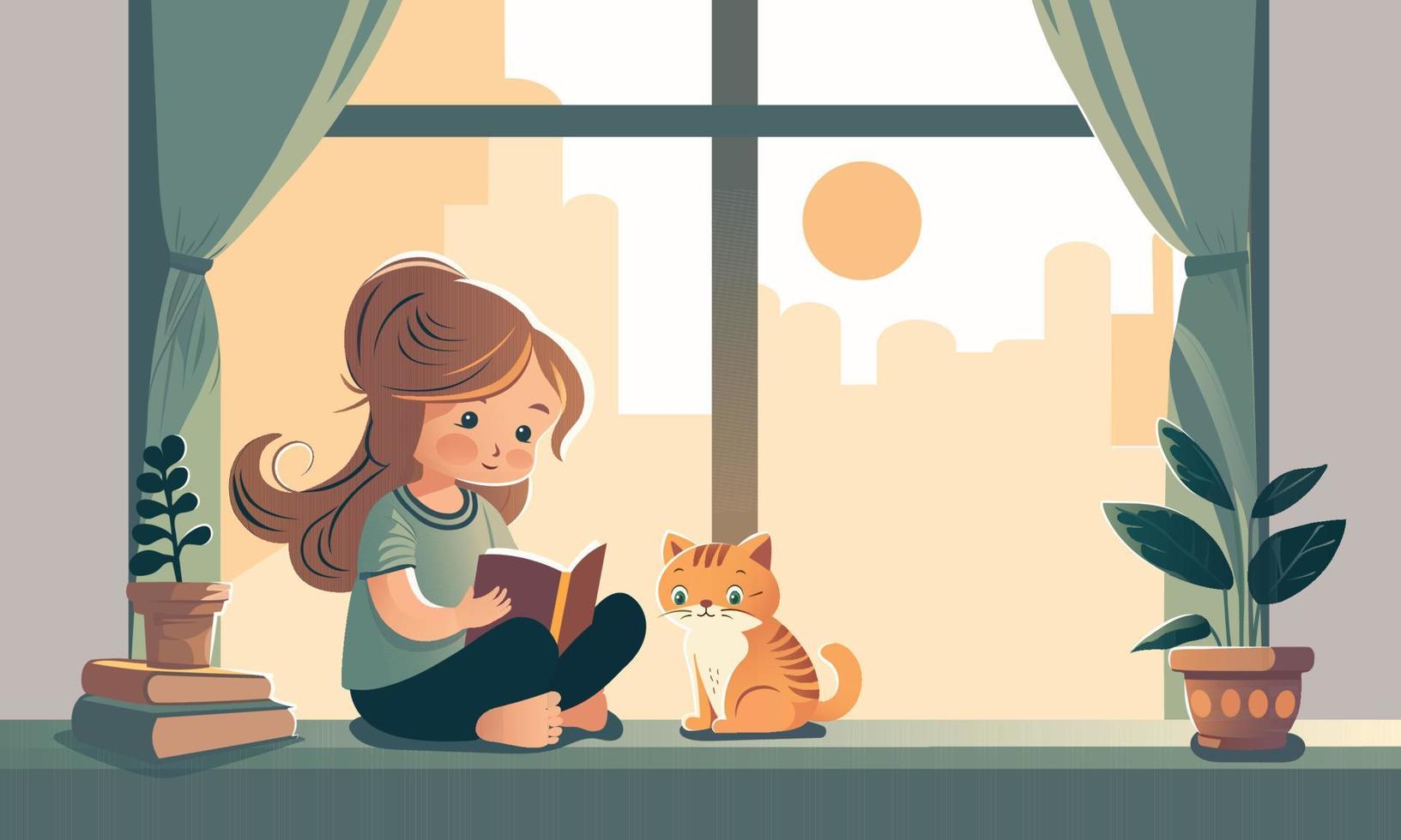 söt flicka karaktär läsning en bok med tecknad serie katt Sammanträde, växt vas och gardiner på Sol urban se genom fönster. vektor