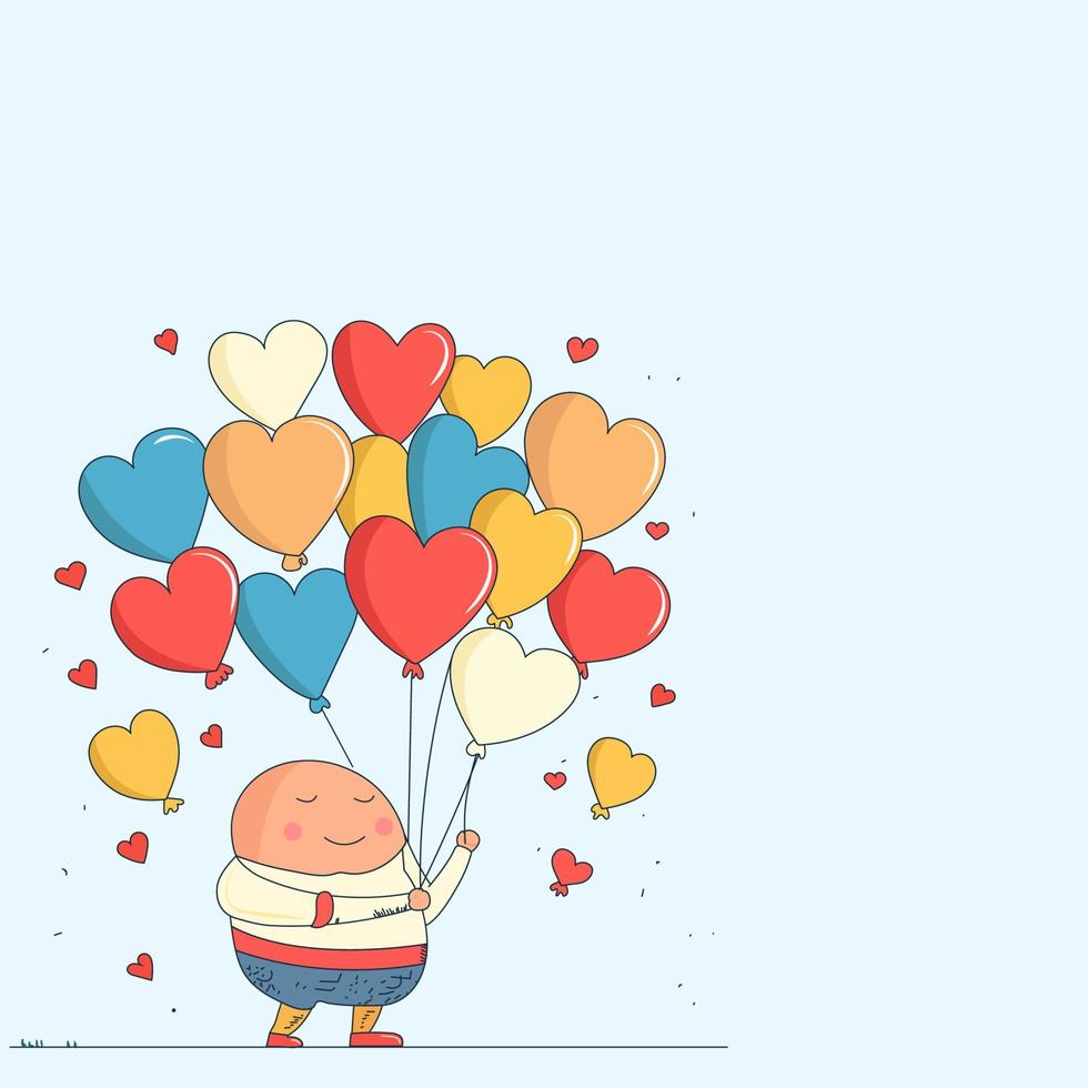 söt maskot potatis karaktär innehav färgrik hjärta former ballonger på pastell blå bakgrund. kärlek eller Lycklig hjärtans dag begrepp. vektor