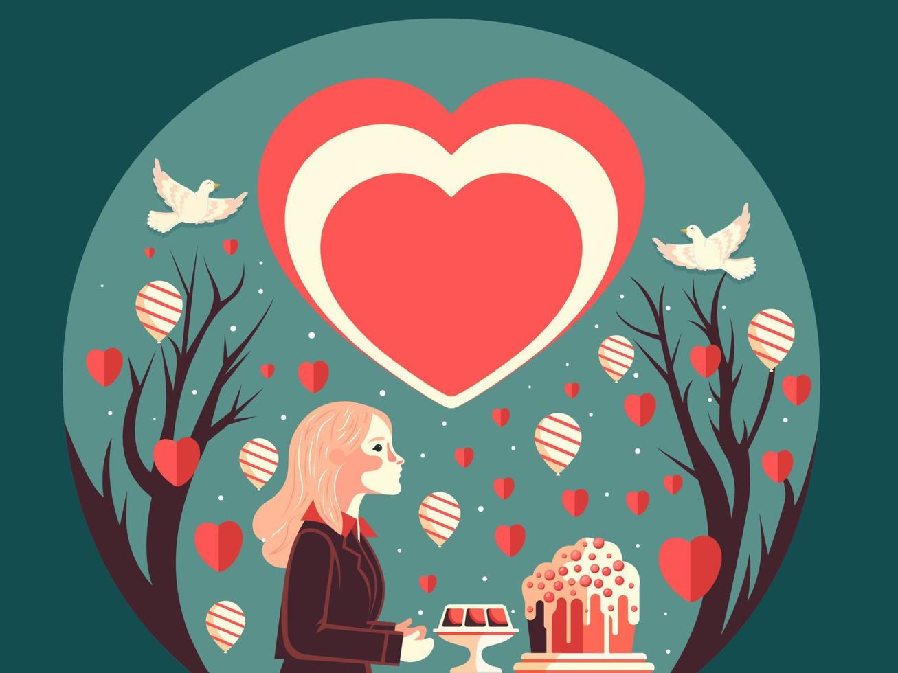 Valentinstag Tag Hintergrund mit jung Mädchen Charakter, Nachspeisen, Luftballons, Papier Herzen, nackt Bäume und fliegend Tauben. vektor