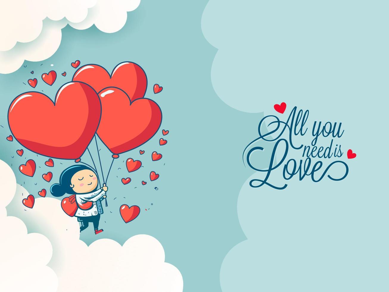 Allt du behöver är kärlek font med söt flicka karaktär innehav röd hjärta ballonger och papper moln på ljus turkos bakgrund. Lycklig hjärtans dag begrepp. vektor