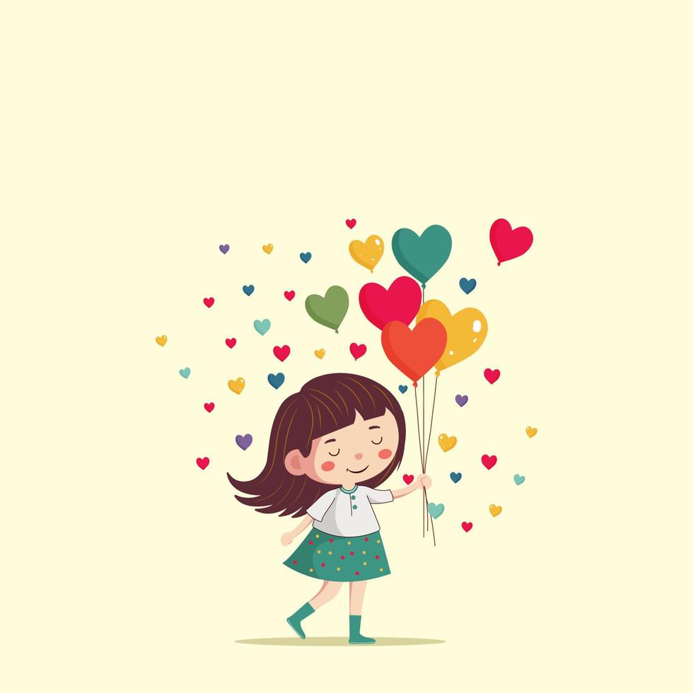 söt ung flicka innehav hjärta ballonger och färgrik mycket liten hjärtan dekorerad pastell gul bakgrund. vektor