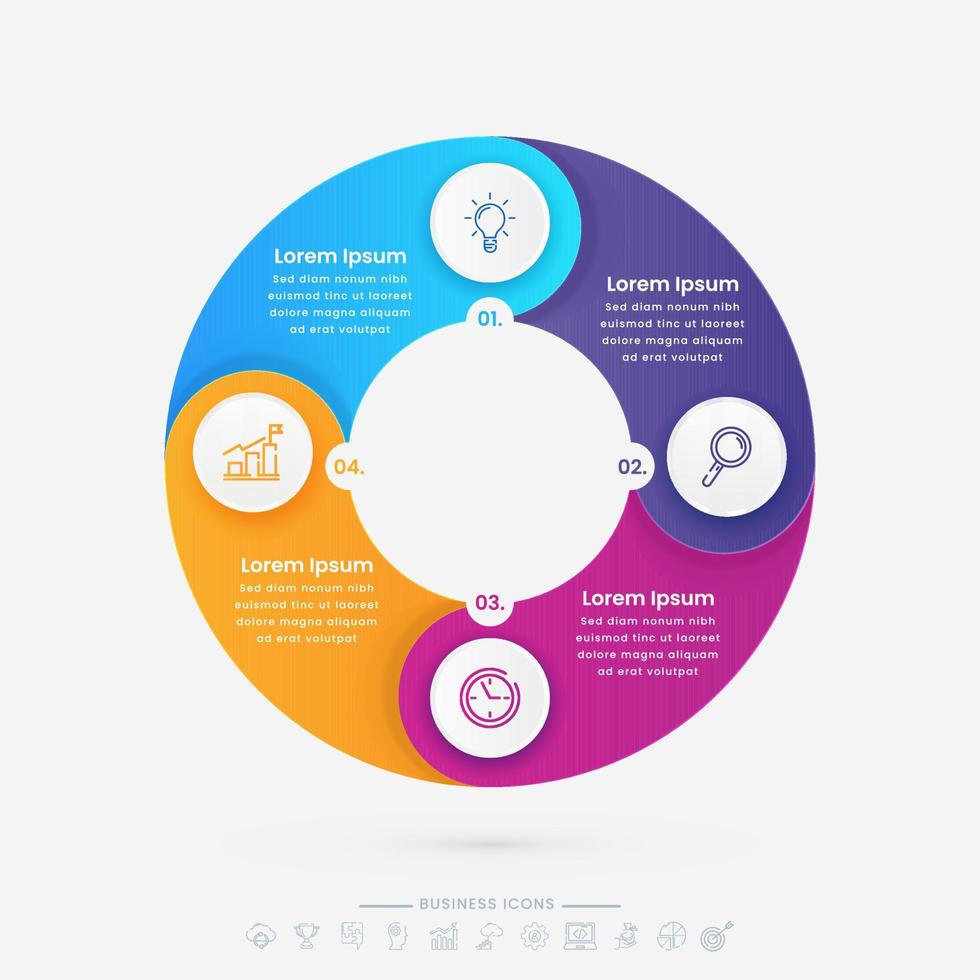 cirkulär infographic diagram med företag ikoner och 4 alternativ. kan vara Begagnade som arbetsflöde, presentation. vektor