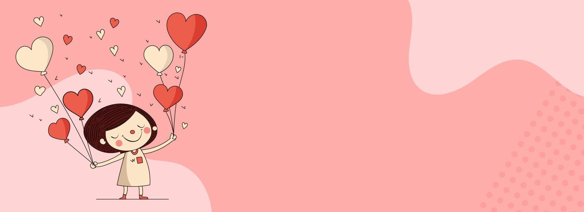isoliert süß wenig Mädchen halten Herz gestalten Luftballons auf Pastell- Rosa Flüssigkeit Hintergrund und Kopieren Raum. Liebe oder Valentinstag Tag Konzept. vektor
