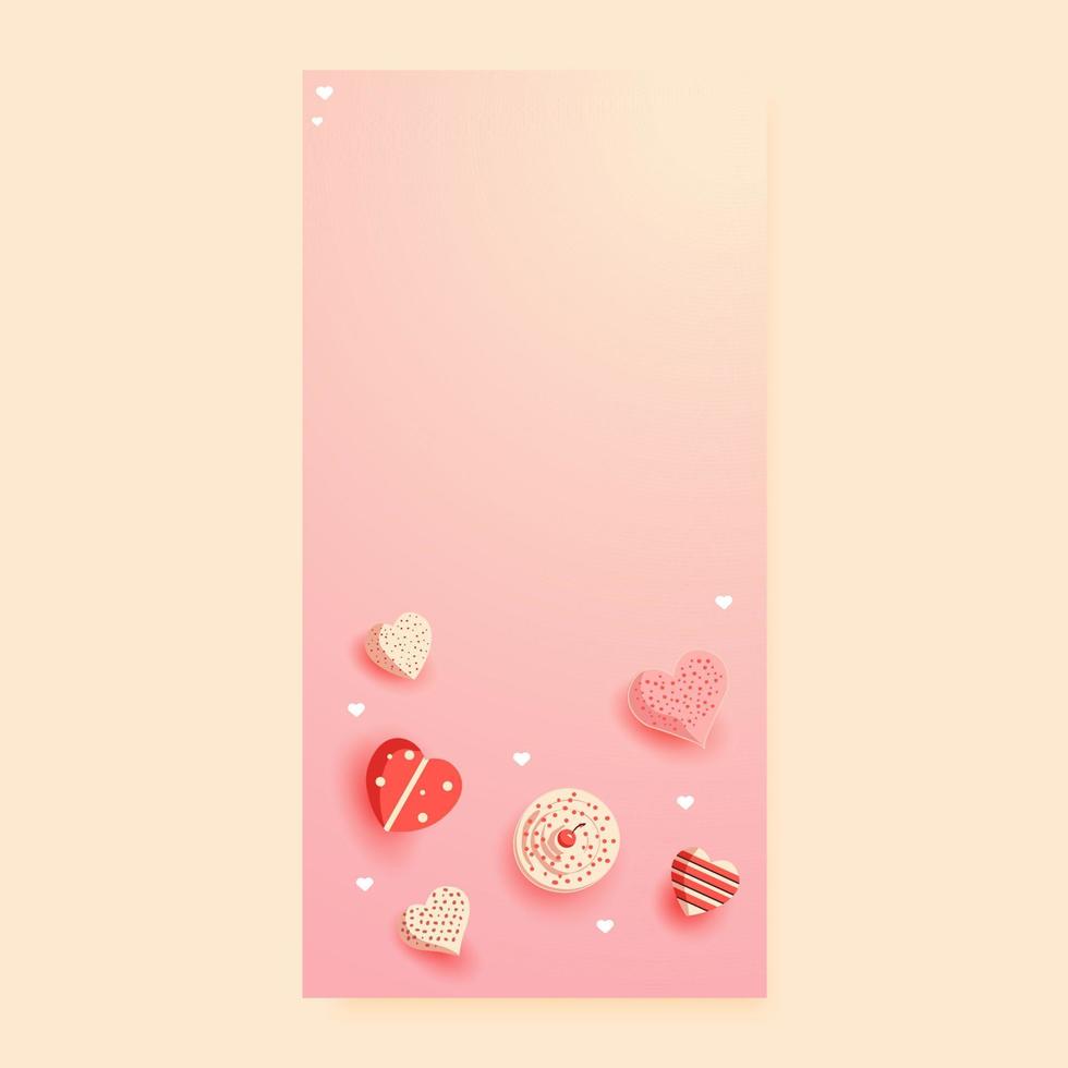 oben Aussicht von anders Stil Süßigkeiten mit Herz Formen auf Rosa Hintergrund und Kopieren Raum. vektor
