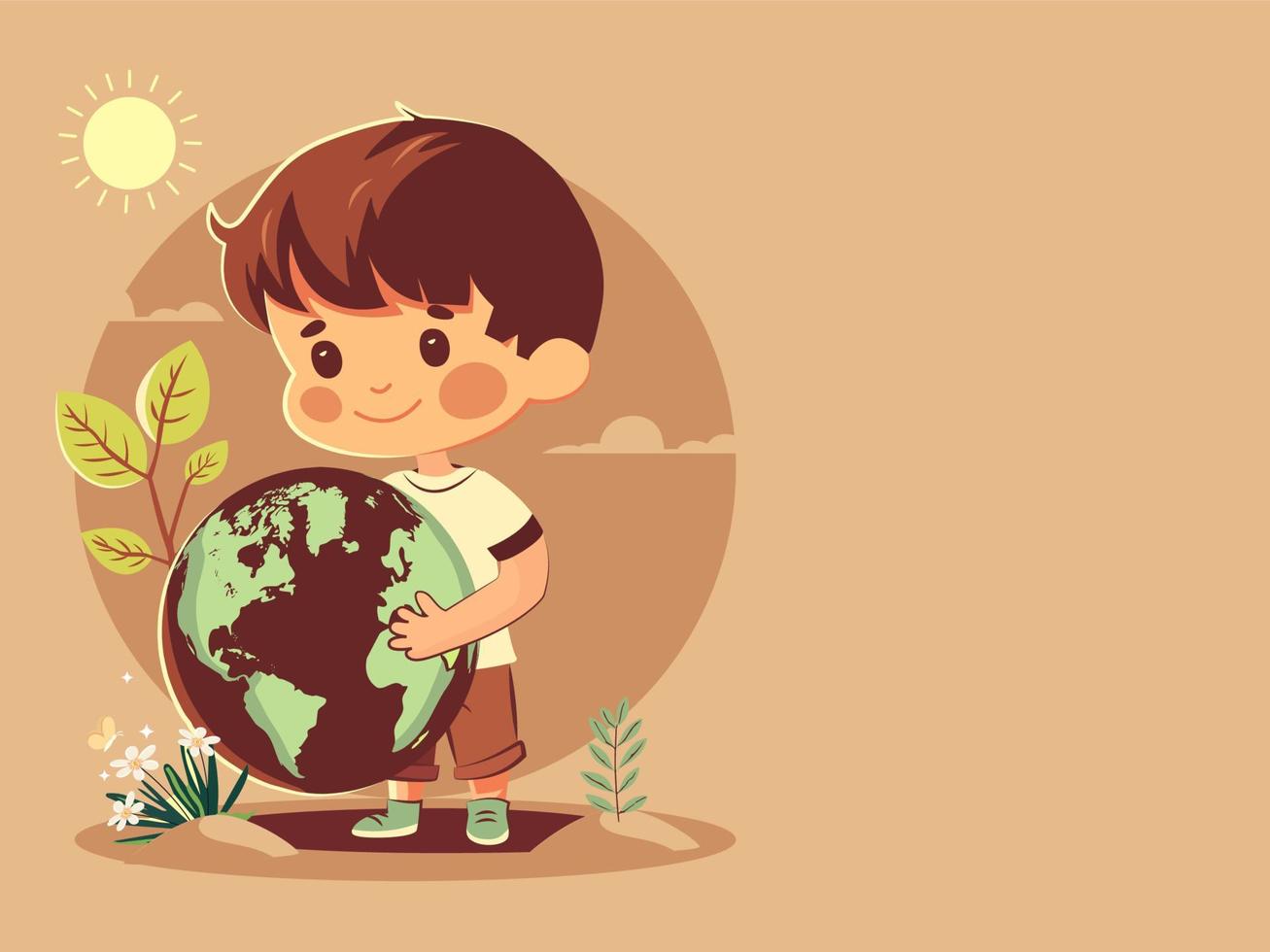 Smiley Junge Charakter halten Erde Globus auf Sonne Natur Pastell- Orange Hintergrund. speichern Erde oder Welt Umgebung Tag Konzept. vektor