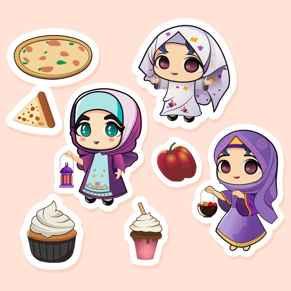 Aufkleber Stil islamisch Mädchen Charakter mit schnell Lebensmittel und Laterne auf Rosa Hintergrund. vektor