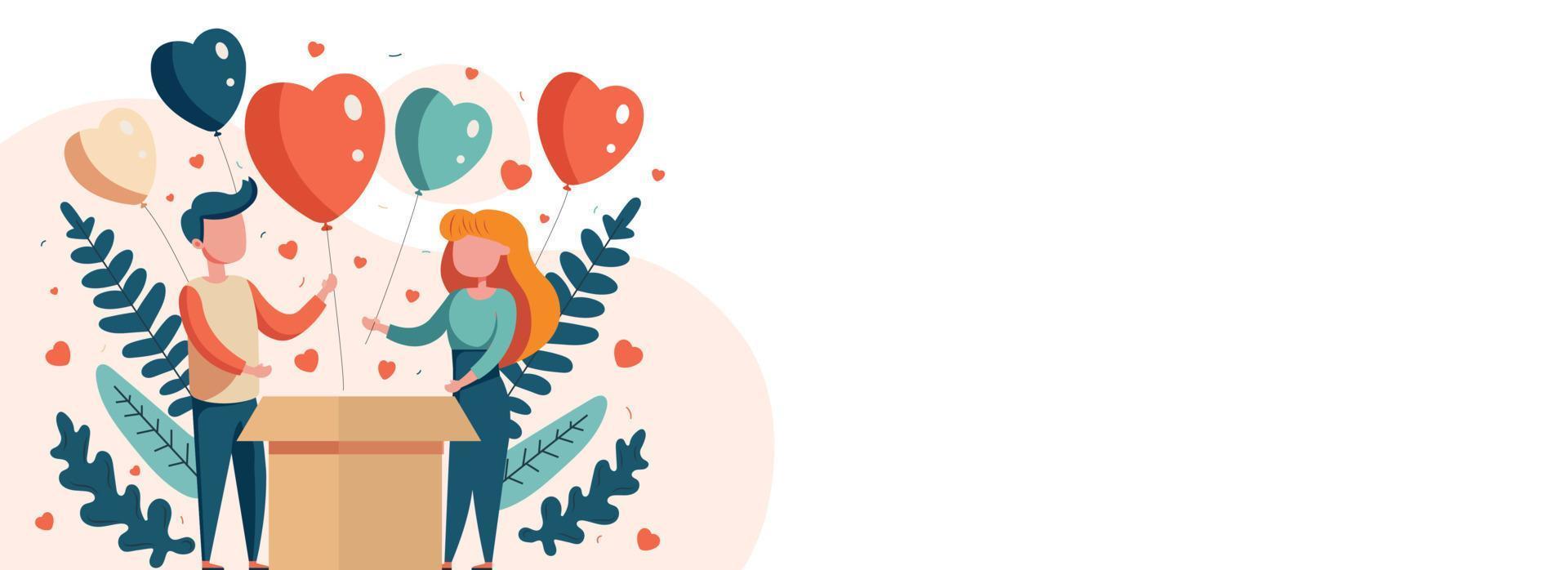 Vektor Karikatur jung Paar Stehen mit Herz Luftballons Kommen aus von Kasten, Blätter und Kopieren Raum. Valentinstag Tag Banner oder Header Design.