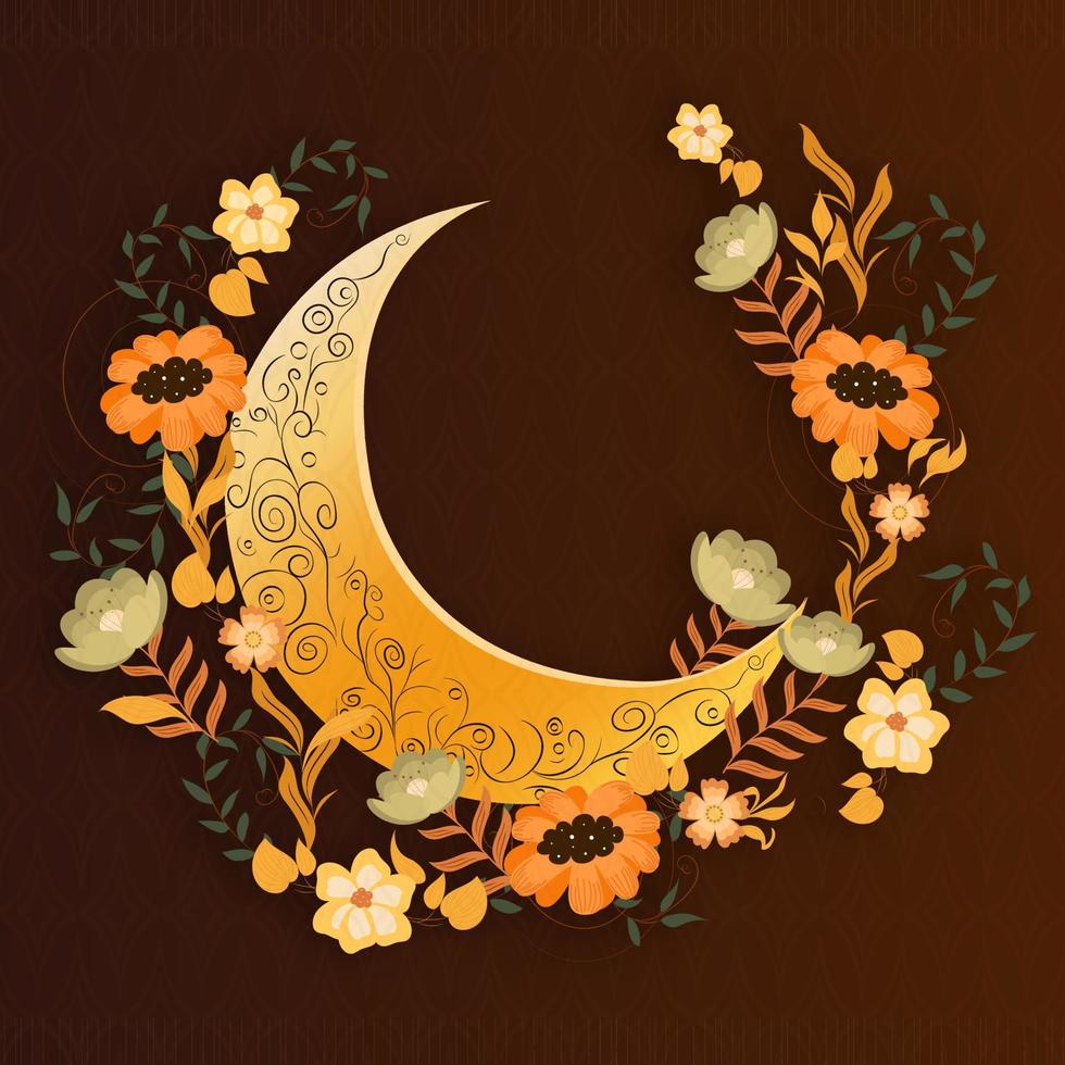 Vektor schön Blumen- dekoriert Halbmond Mond auf braun islamisch geometrisch Muster Hintergrund.