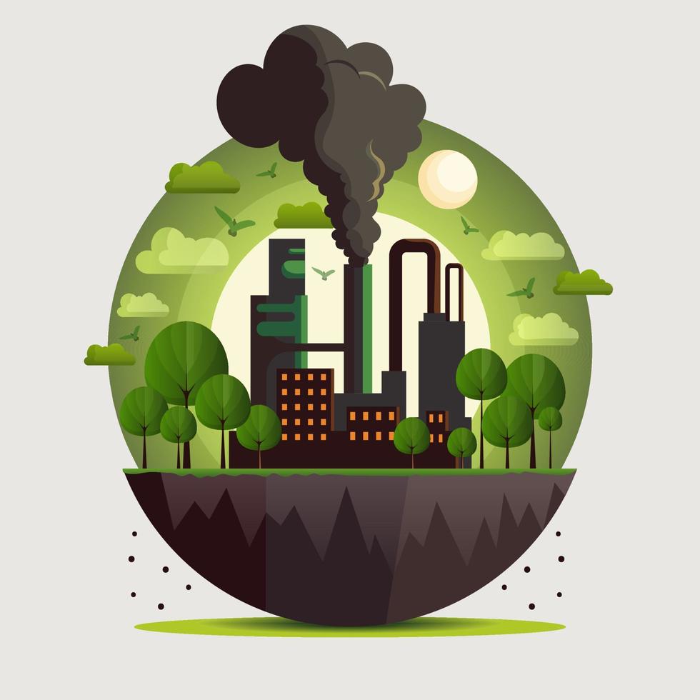 fabrik och träd på halv jord klot bakgrund och Sol. ekosystem och förorening begrepp. vektor
