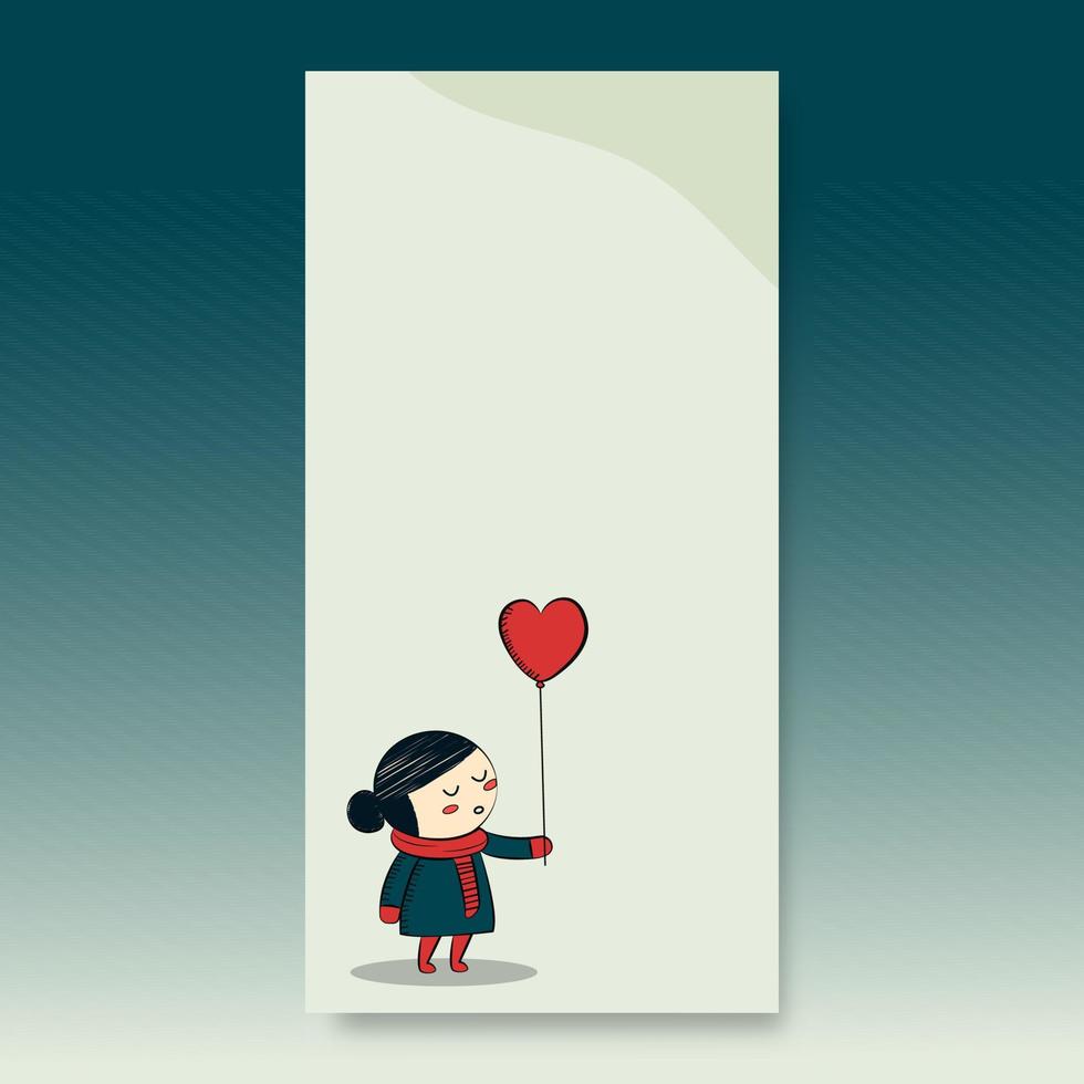 Spaziergang Stil süß Mädchen halten Herz gestalten Ballon und Kopieren Raum. Liebe oder Valentinstag Konzept. vektor