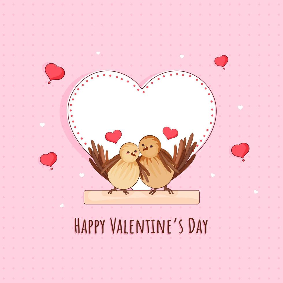Lycklig hjärtans dag hälsning kort med fåglar par Sammanträde på gren och tömma hjärta form ram på rosa prickad bakgrund. vektor