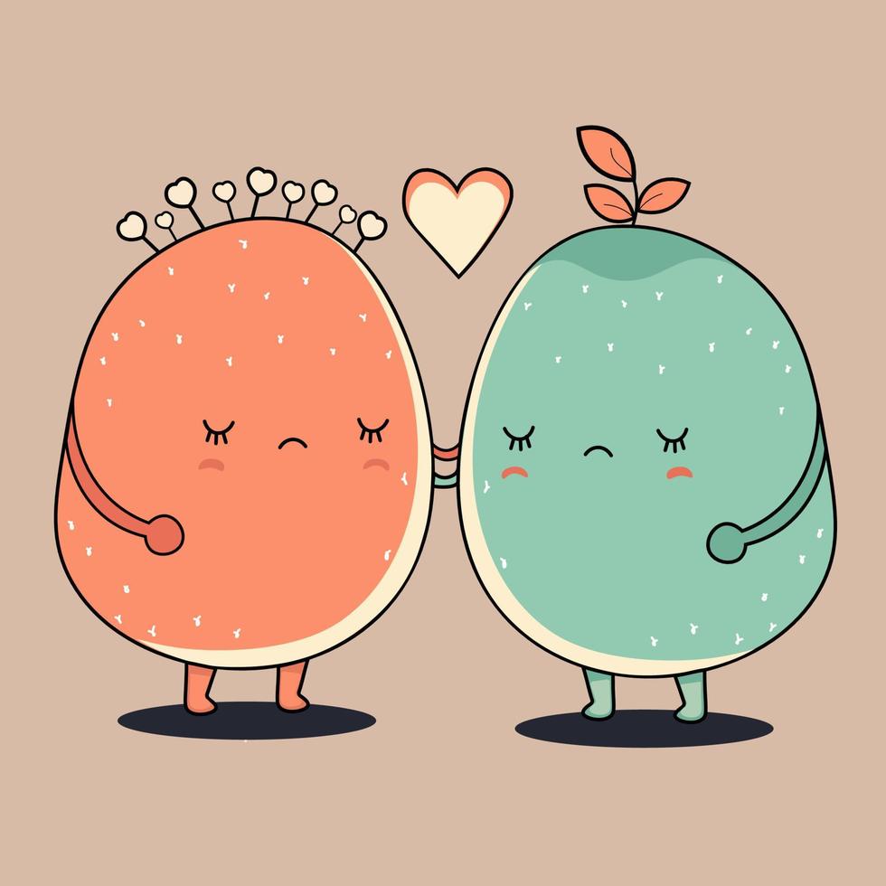 traurig Maskottchen Kartoffel Paar Charakter mit Herzen. Liebe oder Valentinstag Konzept. vektor