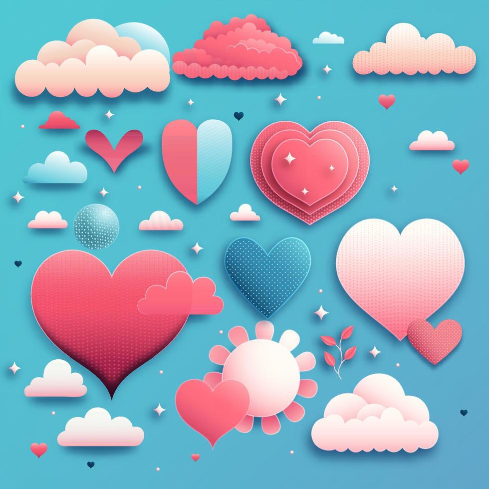 Papier Schnitt Herz Formen mit Wolken, Blume, Blätter und Sterne dekoriert auf Blau Hintergrund. glücklich Valentinstag Tag Konzept. vektor