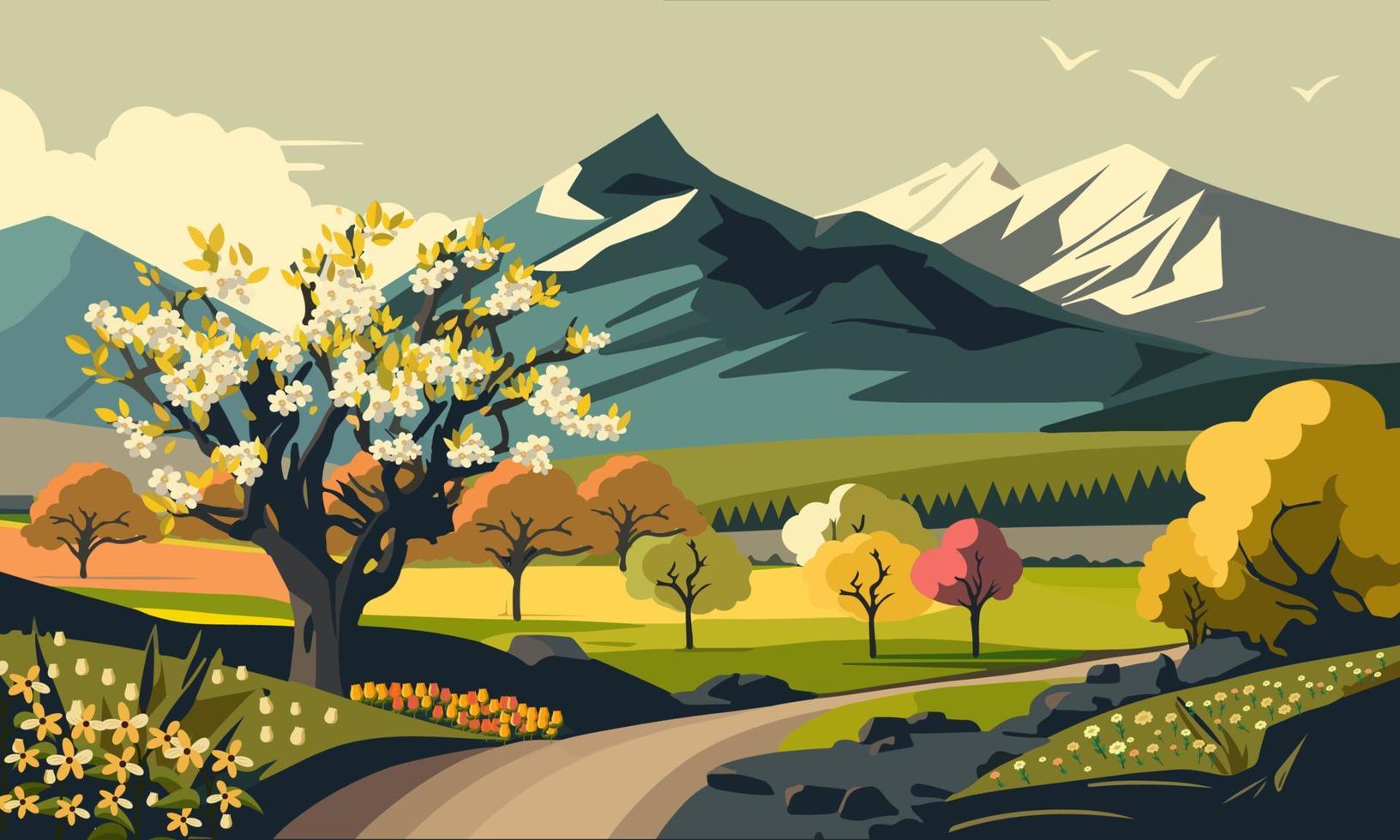 Frühling Natur Landschaft Hintergrund mit Berge, Blumen, fliegend Vögel und Weg. vektor