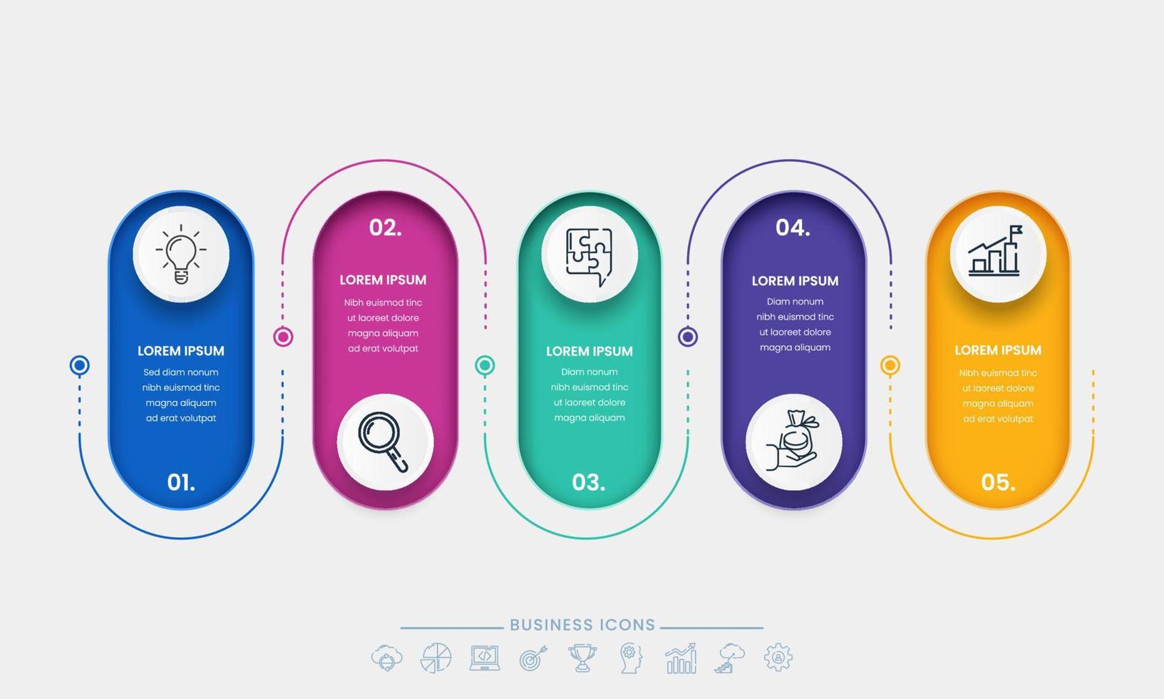 bunt Infografik Oval gestalten Etiketten mit Symbole und 5 Optionen oder Schritte zum Geschäft Konzept. vektor