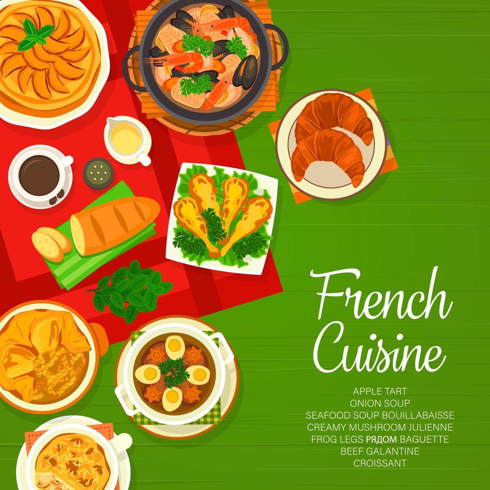 franska kök meny omslag, Frankrike restaurang mat vektor