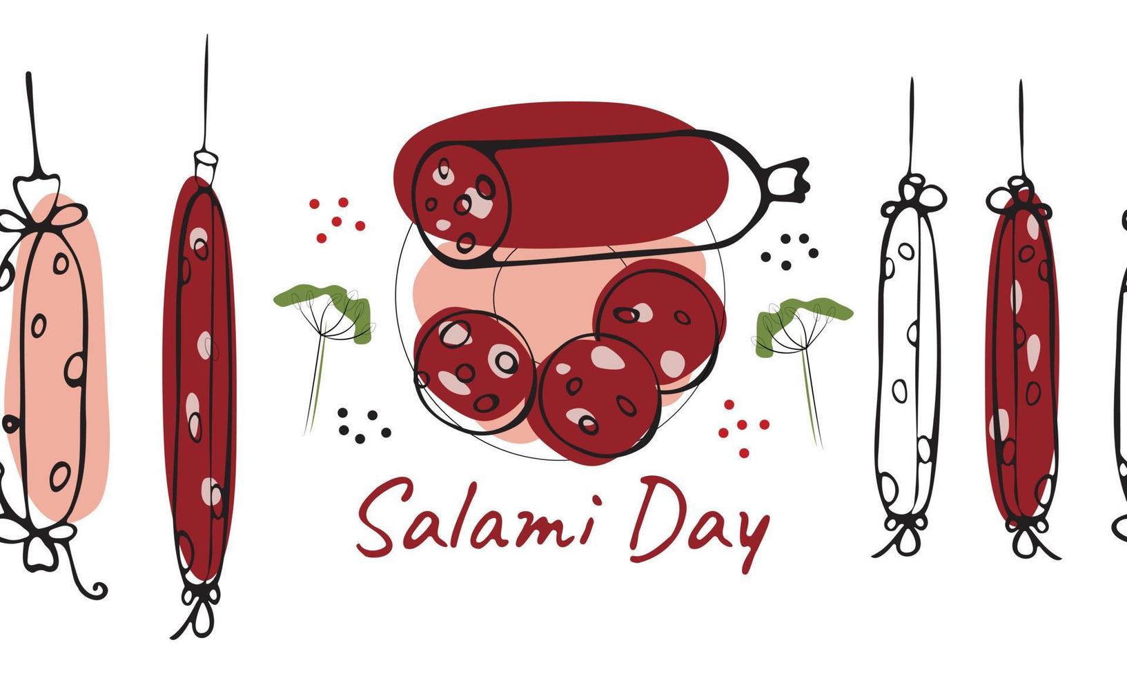 korv mönster. salami dag. manuell teckning av en platt vektor illustration. för etiketter, klistermärken, webb design, reklam av korv Produkter