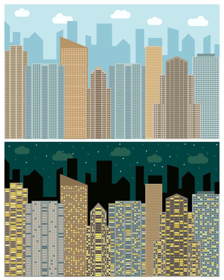 Straße Aussicht mit Stadtbild, Wolkenkratzer und modern Gebäude im das Tag und Nacht. Vektor städtisch Landschaft Illustration.