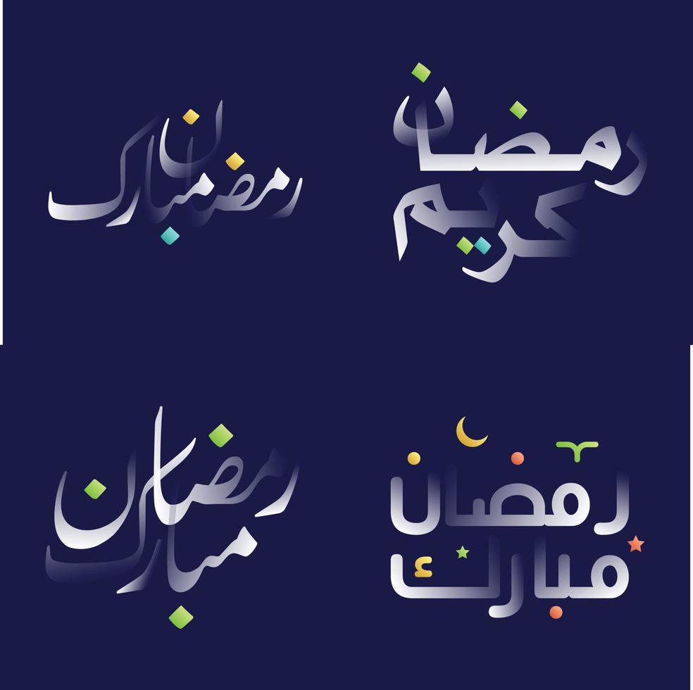 glänzend Weiß Ramadan kareem Kalligraphie Pack mit Spaß und beschwingt Design Elemente vektor