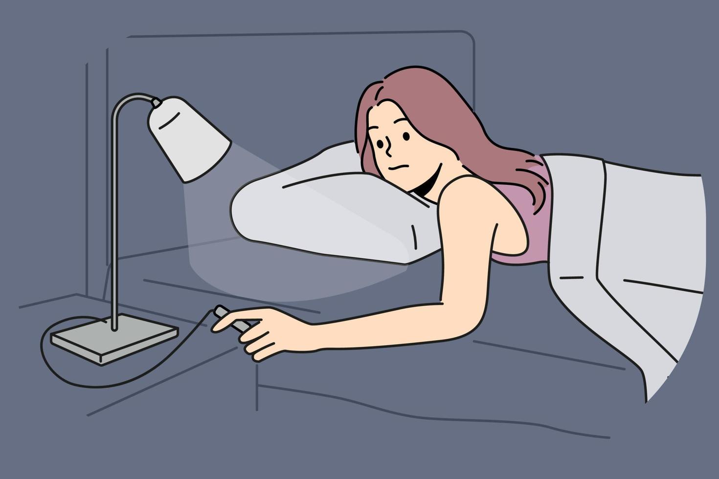 Frau Lügen im Bett Wende aus Lampe auf Tisch. Mädchen entspannen bereit zu Schlaf im Zuhause Schlafzimmer Schalter Beleuchtung. Vektor Illustration.