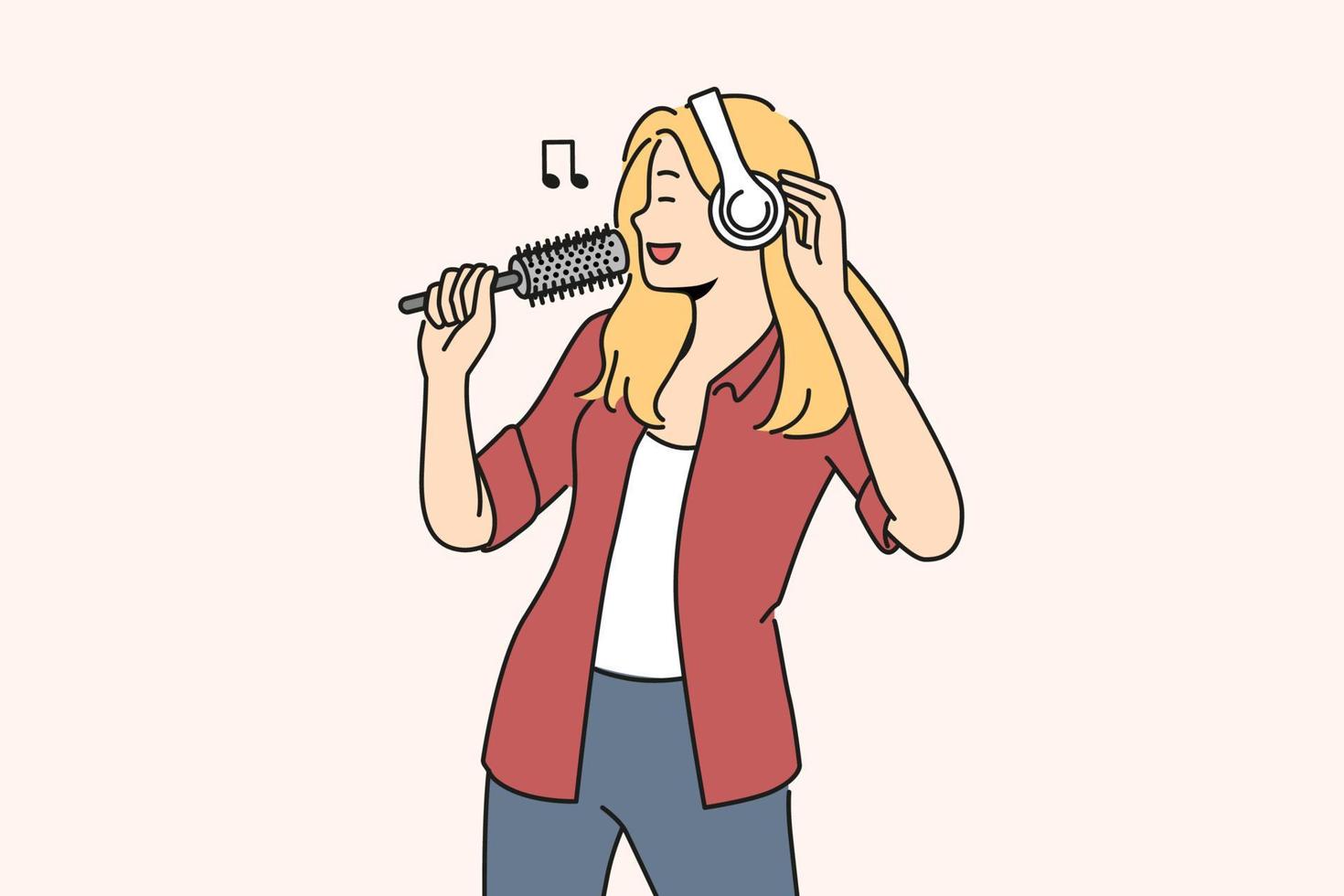 leende kvinna i hörlurar sjunga i hårborste. Lycklig flicka ha roligt njut av sång med borsta i händer. hobby och underhållning. vektor illustration.