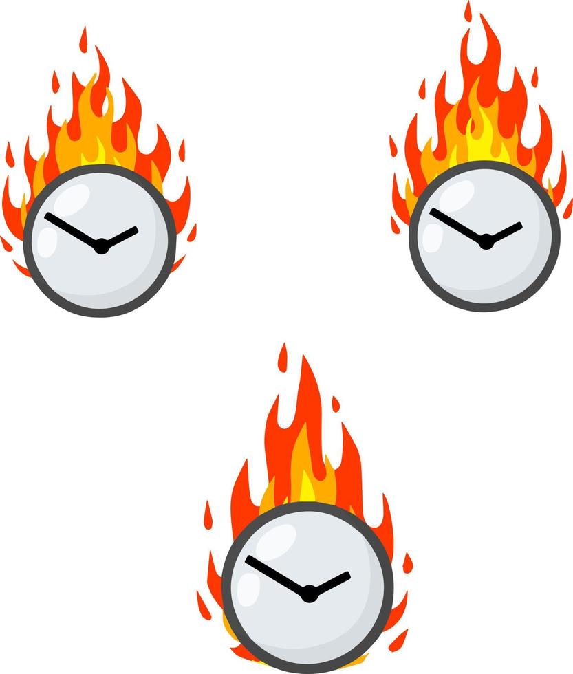 Reihe von Zifferblättern in Flammen. spät und verspätet. Business-Symbol. flache illustration der karikatur. Zeitmangel und Eile vektor
