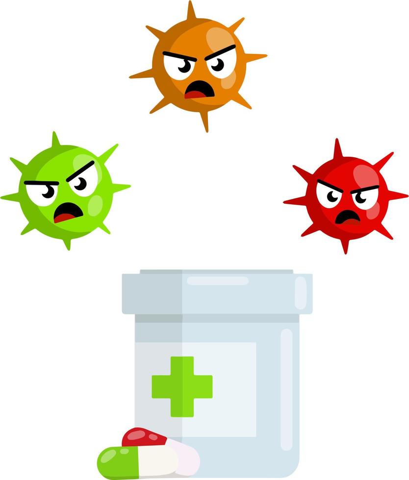 piller och virus. antimikrobiellt ombud. läkemedel förpackning och skydd mot bakterie. element apotek och sjukhus. vektor