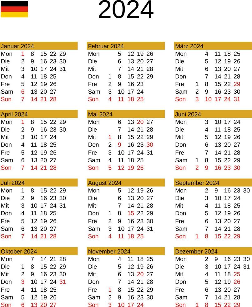 år 2024 kalender i tysk med Tyskland högtider vektor