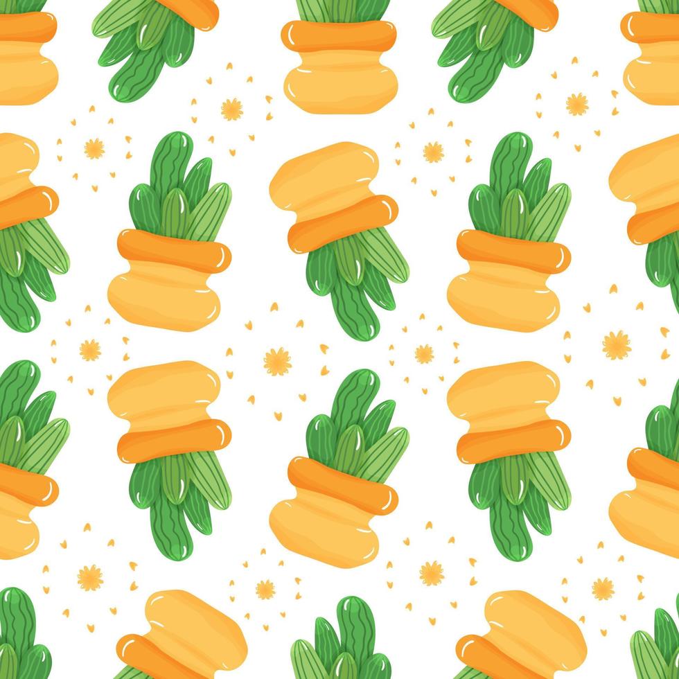 nahtlos Muster mit Karikatur eingetopft Zimmerpflanze - - süß Grün Kaktus mit Spikes im Orange Topf auf Weiß Hintergrund. vektor