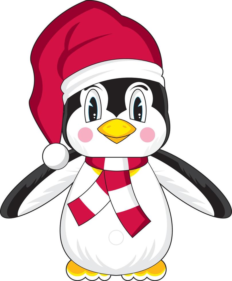 söt tecknad serie pingvin i santa hatt och scarf med bebis illustration vektor