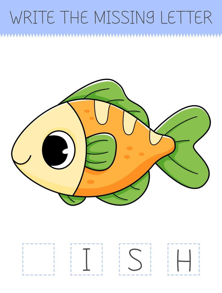 schreiben das fehlt Brief ist ein lehrreich Spiel zum Kinder mit Fisch. süß Karikatur Fisch. üben Englisch Alphabet. vektor