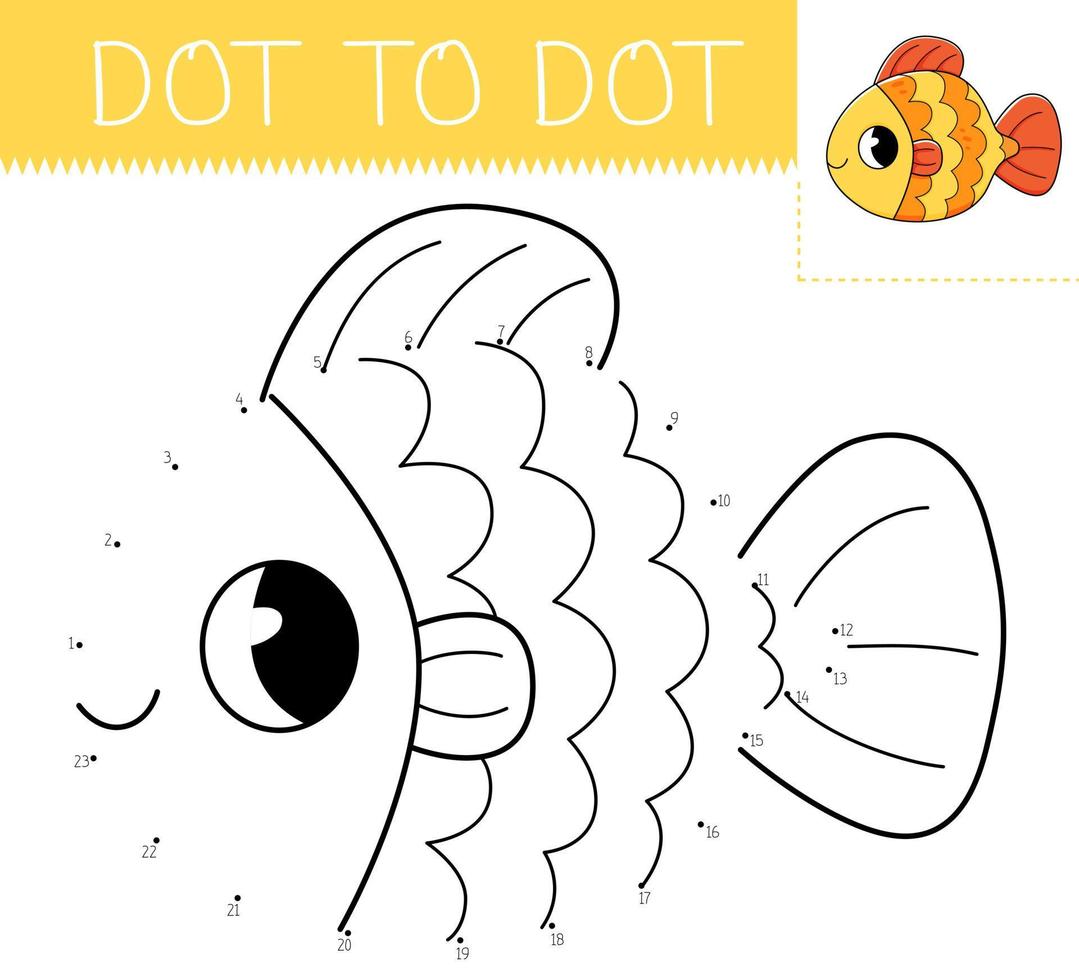 punkt till punkt spel färg bok med guldfisk för ungar. färg sida med söt tecknad serie fisk. ansluta de prickar vektor