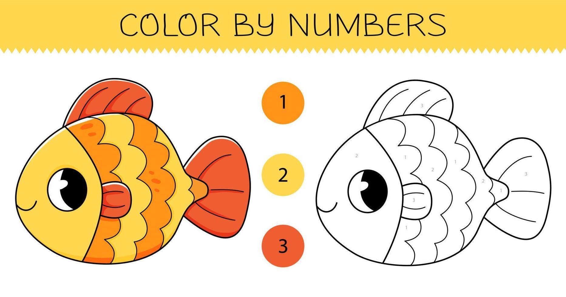 Färg förbi tal färg bok för barn med söt guldfisk. färg sida med tecknad serie fisk med ett exempel för färg. svartvit och Färg versioner. vektor