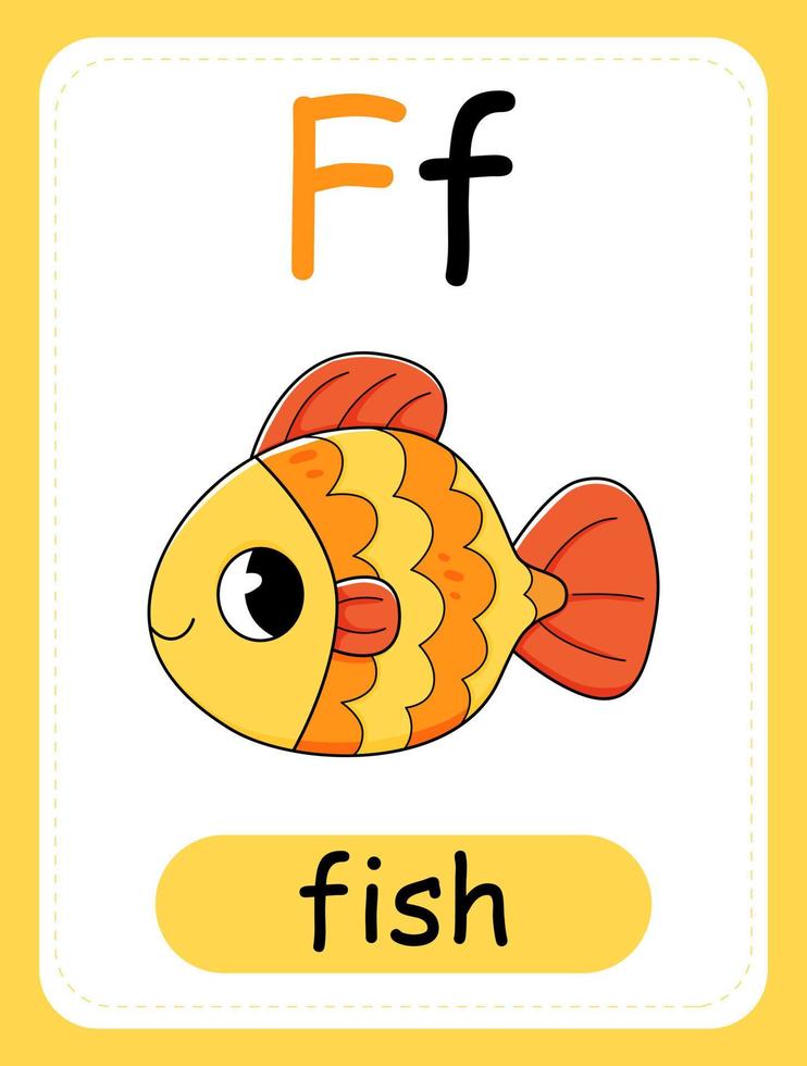 alfabet kort för barn med de brev f och guldfisk. pedagogisk kort för ungar. de ord fisk, de engelsk alfabet. vektor