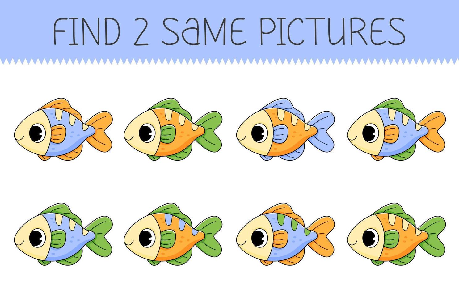 finden zwei gleich Bilder ist ein lehrreich Spiel zum Kinder mit Fisch. süß Karikatur Fisch vektor