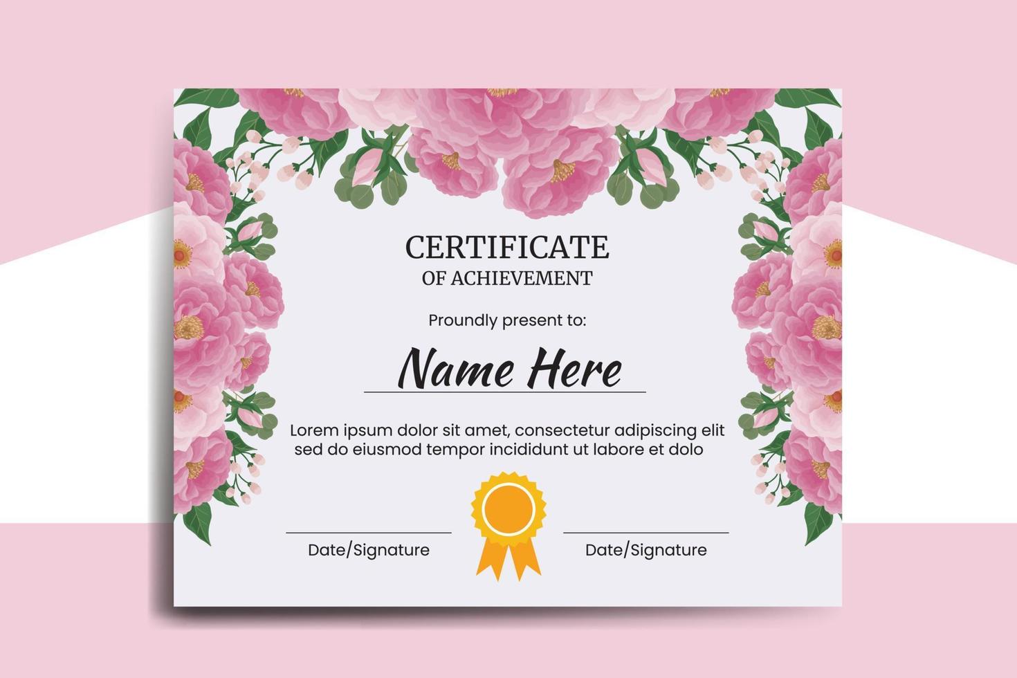 certifikat mall pion blomma vattenfärg digital hand dragen vektor