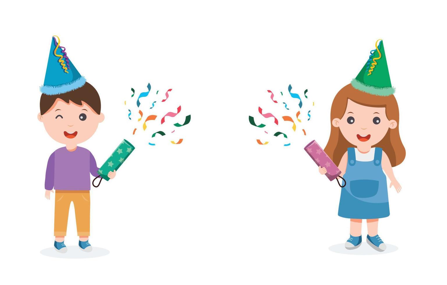 barn med konfetti poppern fira en födelsedag fest vektor illustration