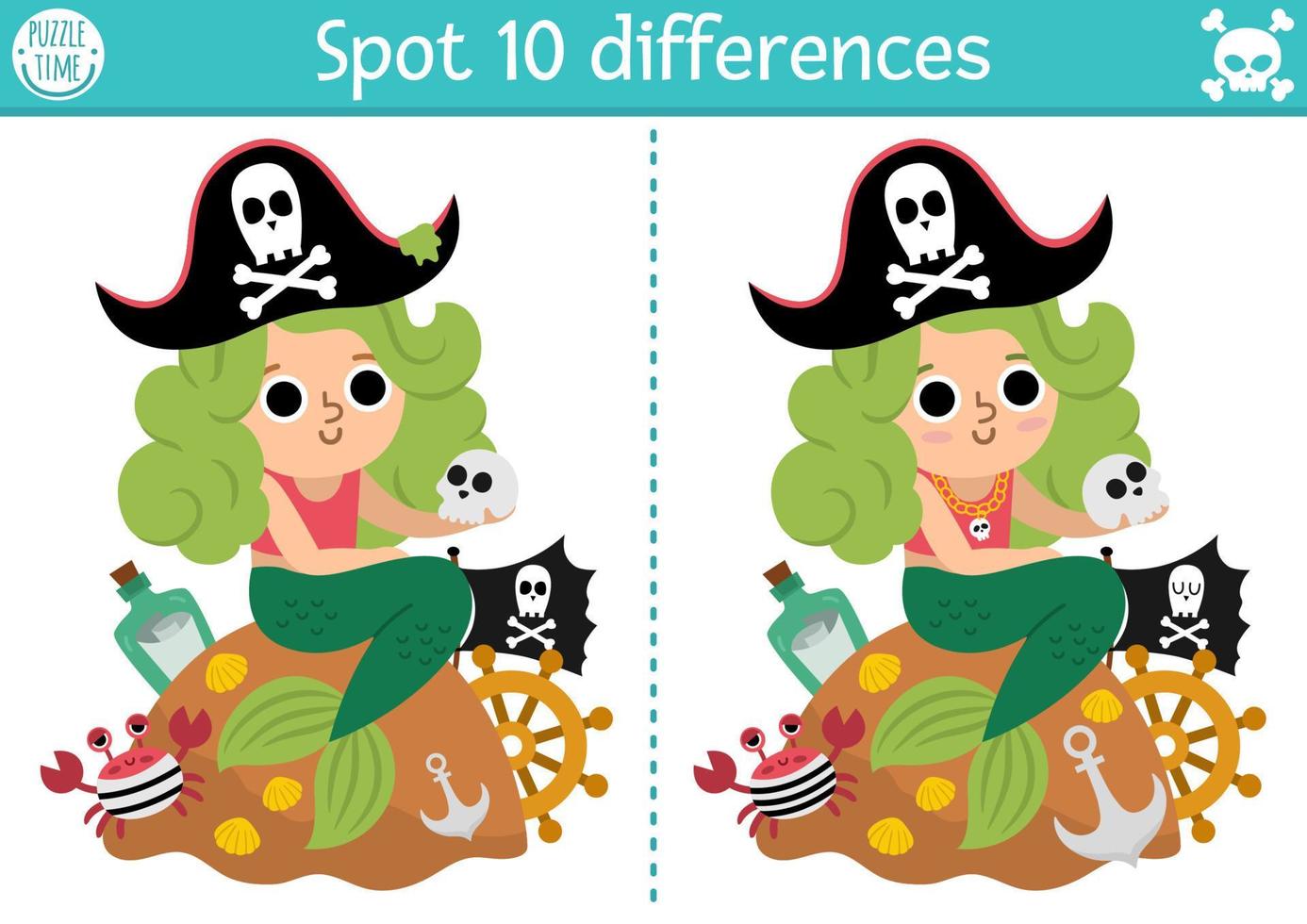 hitta skillnader spel för barn. hav äventyr pedagogisk aktivitet med söt pirat sjöjungfru. skatt ö eller halloween pussel för barn med rolig karaktär. tryckbar kalkylblad vektor