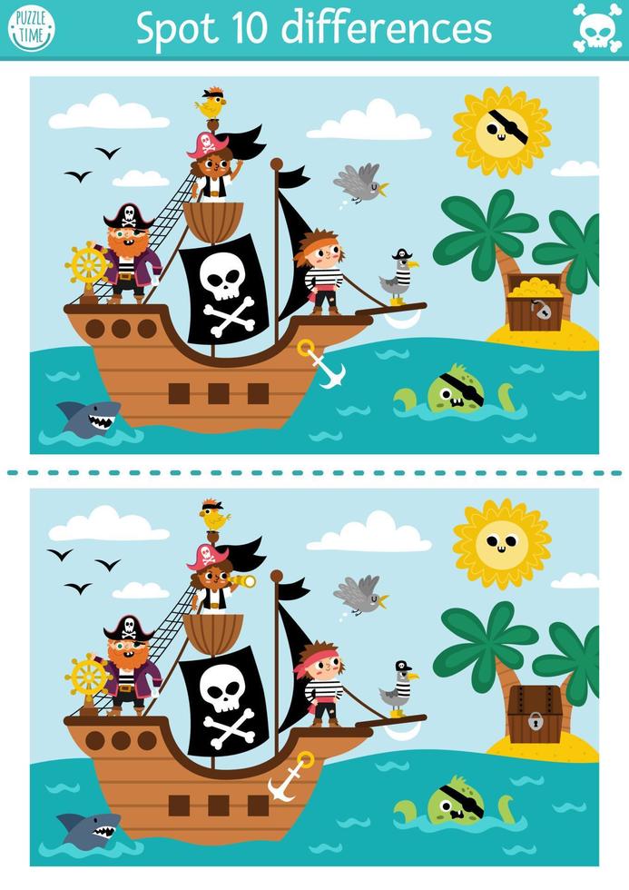 finden Unterschiede Spiel zum Kinder. Meer Abenteuer lehrreich Aktivität mit süß Pirat Schiff und Schatz Insel. Puzzle zum Kinder mit komisch Szene. Marine druckbar Arbeitsblatt oder Seite vektor