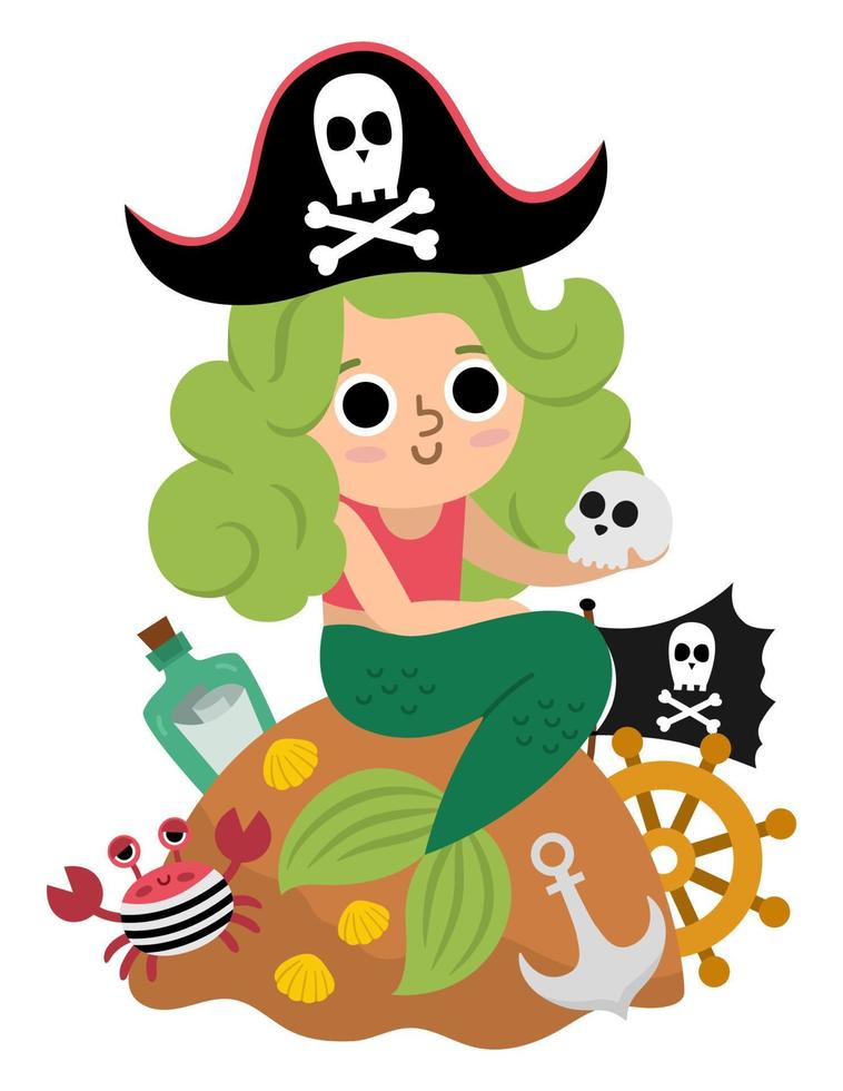 Fee Geschichte Vektor Pirat Meerjungfrau mit Grün Haar Sitzung auf ein Felsen. Fantasie Mädchen mit Meer Raider Zubehör isoliert auf Weiß Hintergrund. unheimlich Meer Prinzessin im Pirat Hut. Schatz Insel Symbol