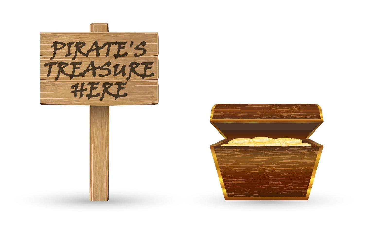 goldener Piratenschatz mit Holzbrettschild vektor