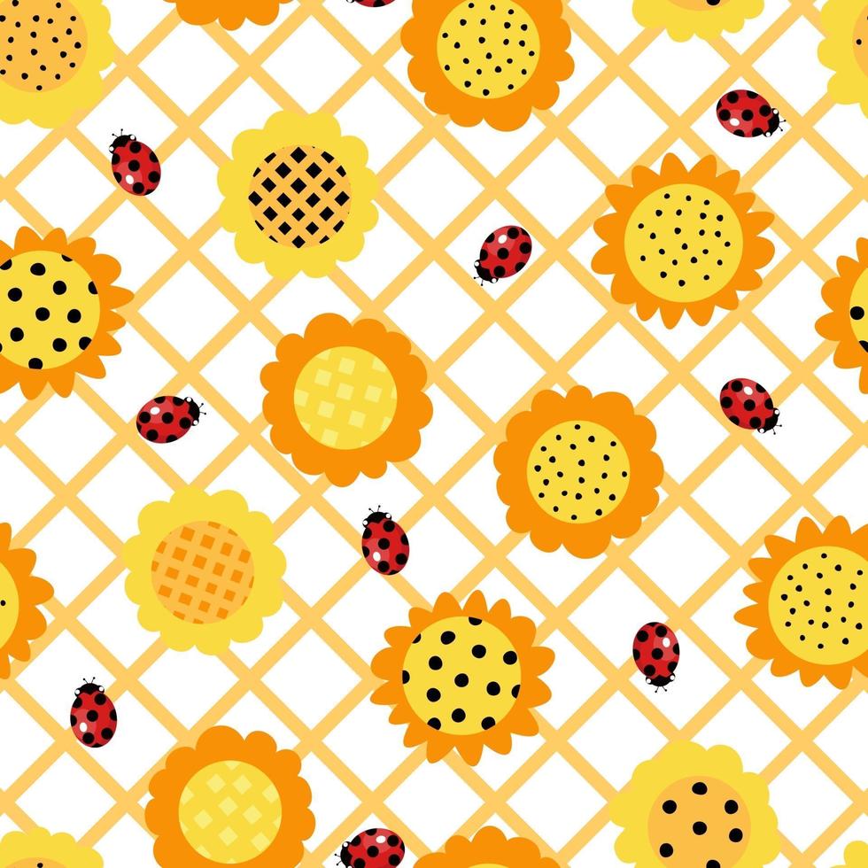 Vektor nahtloses Muster mit Karikatur Marienkäfer und Sonnenblumen auf weißem Hintergrund. Illustration für Kinder für Stoff, Karte und Web verwendet.