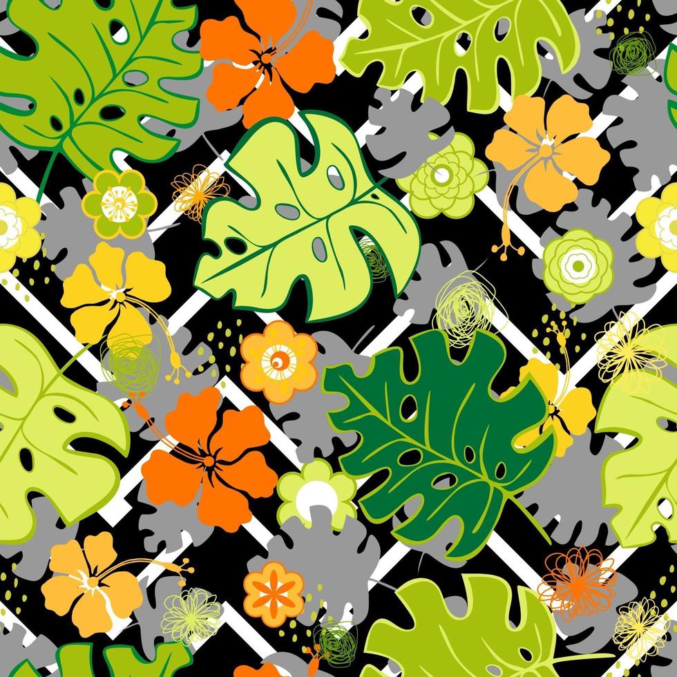 handgezeichnetes buntes nahtloses Muster. tropische Dschungelblätter und -blumen. abstraktes zeitgenössisches nahtloses Muster. lustiges Bild zum Drucken auf Textilien, Karten, Anzeigen, T-Shirts. vektor