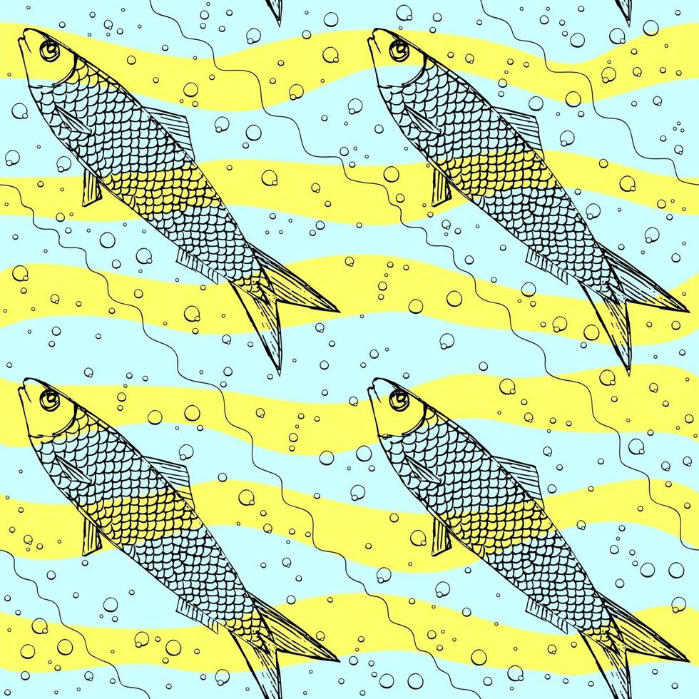 Vektor nahtloses Muster des Fisches auf Stripphintergrund. lustiges Bild zum Drucken auf Textilien, Karten, Anzeigen, T-Shirts.