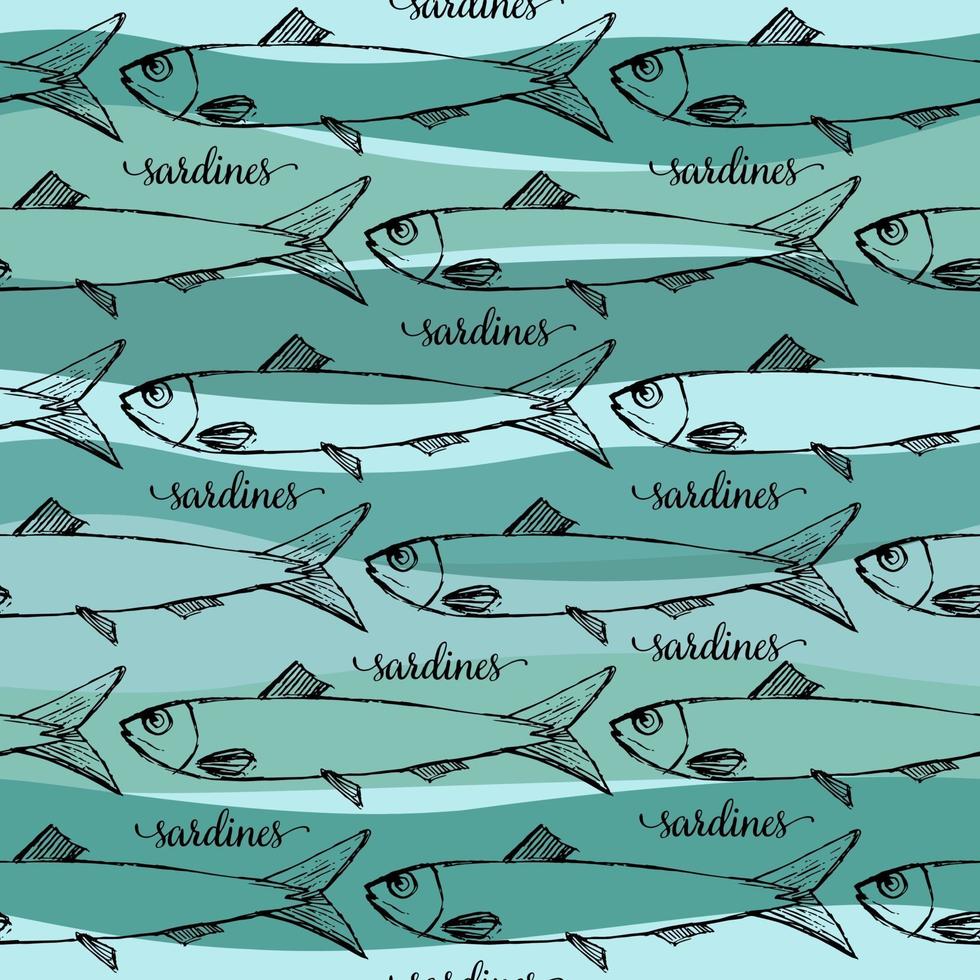 Vektor nahtloses Muster der portugiesischen Sardinen auf blauem Stripphintergrund. lustiges Bild zum Drucken auf Textilien, Karten, Anzeigen, T-Shirts.