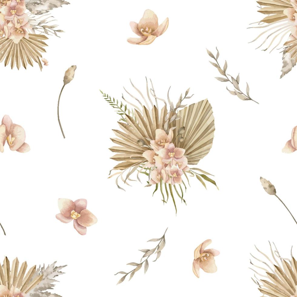 sömlös vattenfärg mönster med torkades handflatan löv och orkide blommor på isolerat bakgrund. hand dragen illustration av blommig prydnad för textil- design eller omslag papper. tropisk bakgrund. vektor