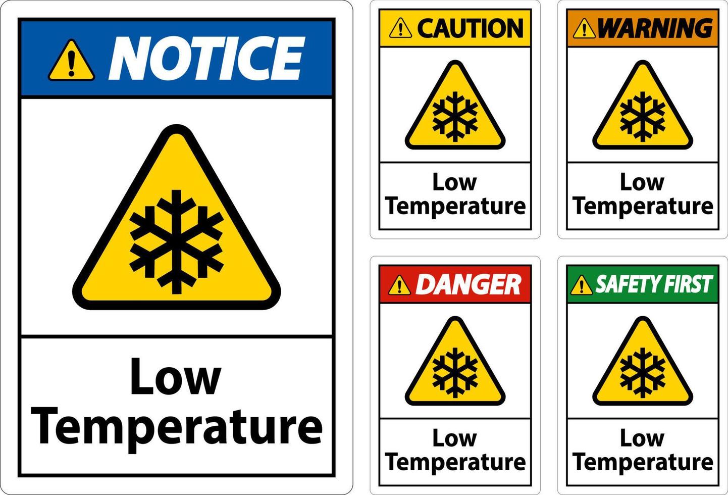 varning låg temperatur symbol och text säkerhet tecken. vektor