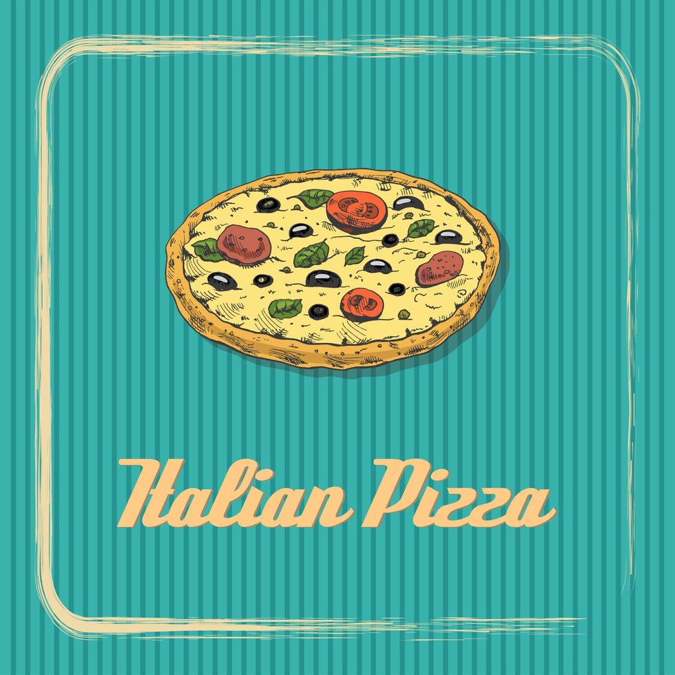 årgång baner med en hela italiensk pizza. skiss, gravyr. vektor ritad för hand mat för meny, reklam eller förpackning.