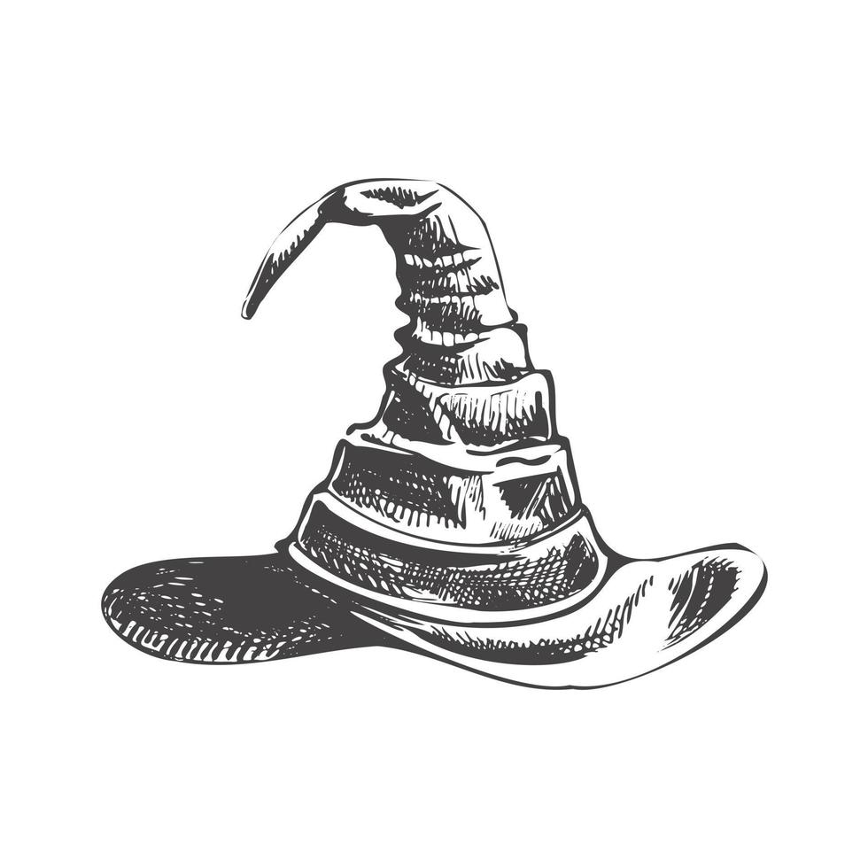 årgång illustration för halloween. en ritad för hand skiss av en häxans spetsig hatt isolerat på vit bakgrund. vektor illustration.