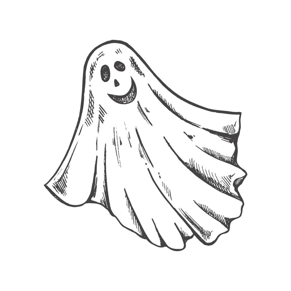 hand dragen skiss av spöke isolerat på vit bakgrund. skrämmande vit spöke. Lycklig halloween. söt årgång läskigt karaktär. vektor illustration för affischer, dekoration och skriva ut.